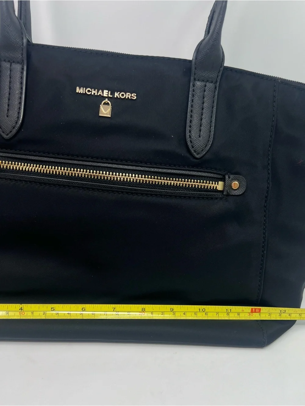 Michael Kors Black Nylon Tote Bag Gold Hardware Large Zip Shoulder Purse Light - Picture 9 of 12